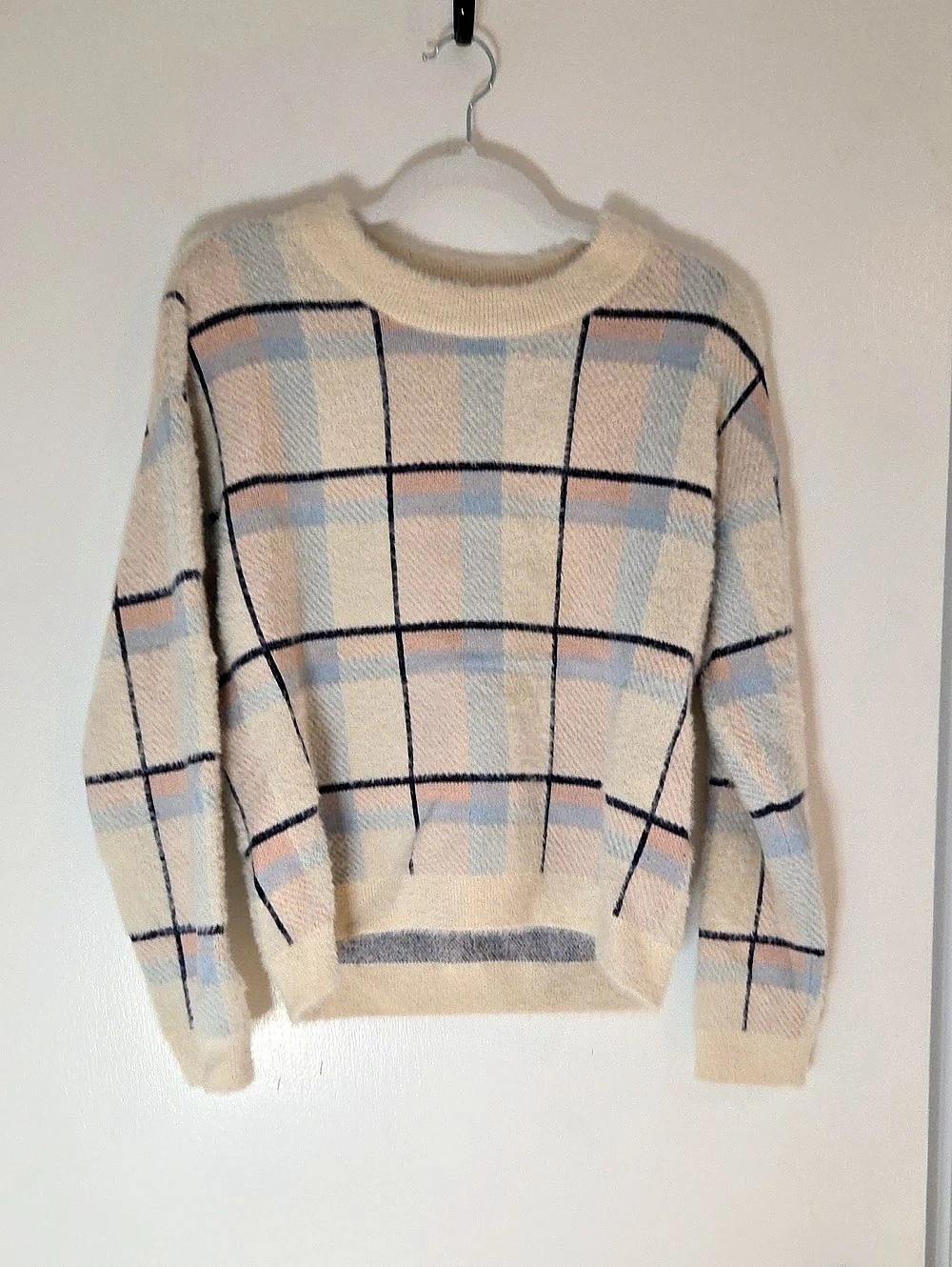 Cyrus Plaid Crewneck Sweater in Beige & Blue